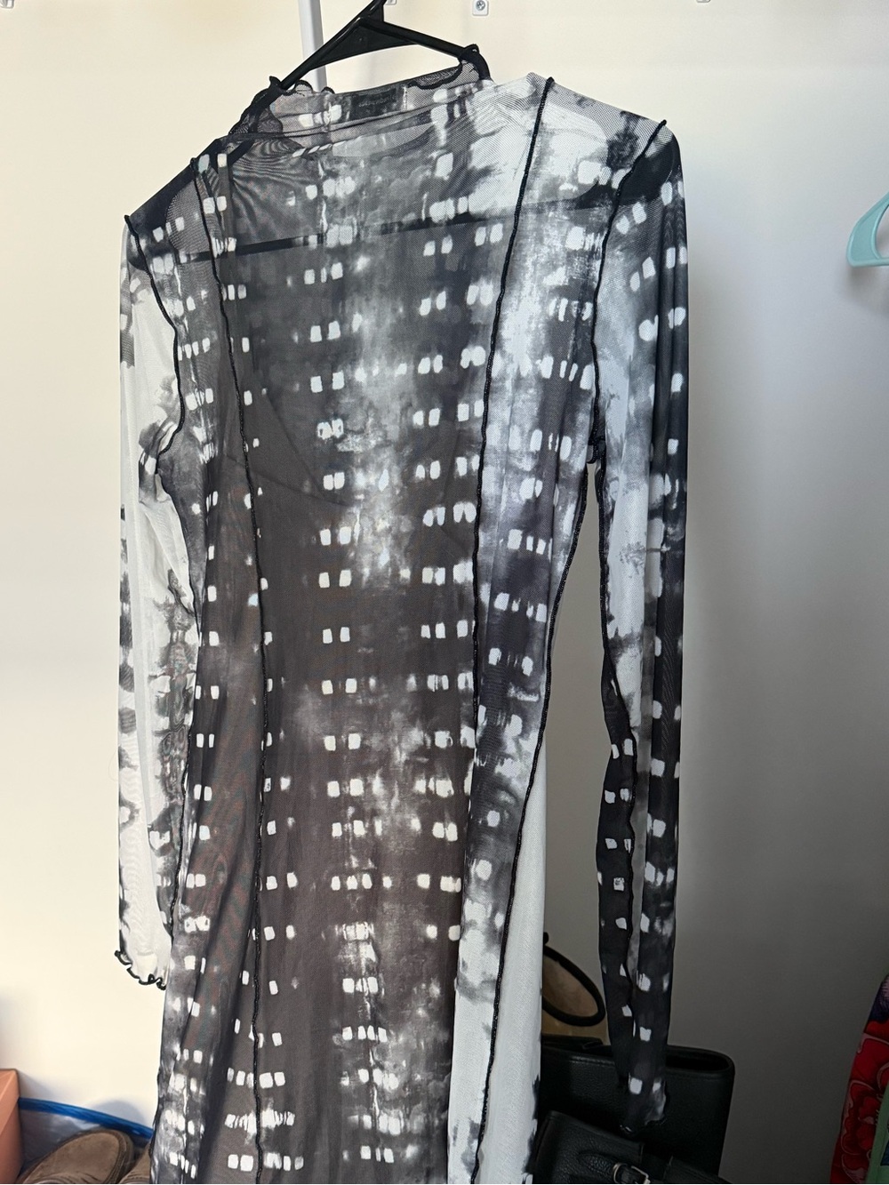 stradivarius Black and White Tie-Dye Sheer Long Sleeve Dress